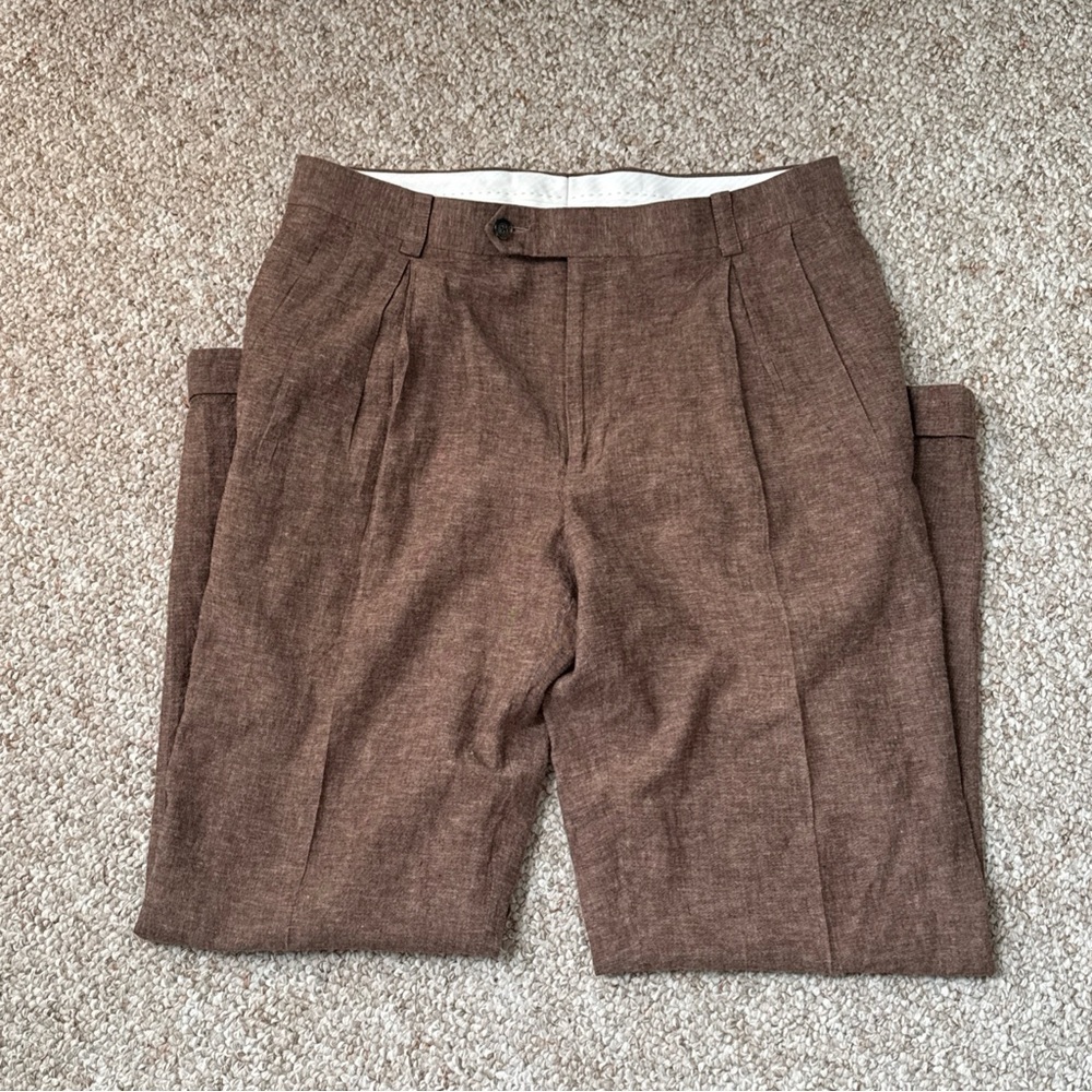 Sean John Men's Brown Linen-Blend Pleated Pants Size 34x29
